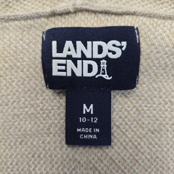 Lands' End Open Cardigan Sweater Beige Plaid Long Line Lightweight Cotton M - Picture 2 of 13
